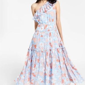 INC International Concepts Light Blue and Coral One-Shoulder Floral Maxi Dress